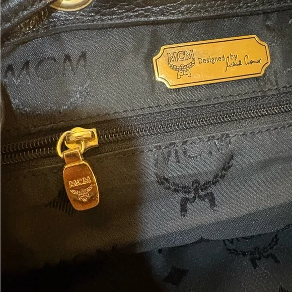 MCM Black Leather Backpack with Gold Accents and draw strings 12"x11" - Picture 4 of 16